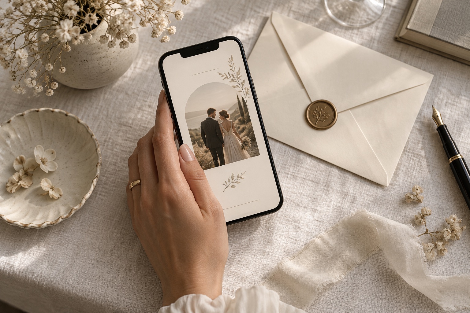 スマートフォンに表示したWEB招待状と、封筒やドライフラワー