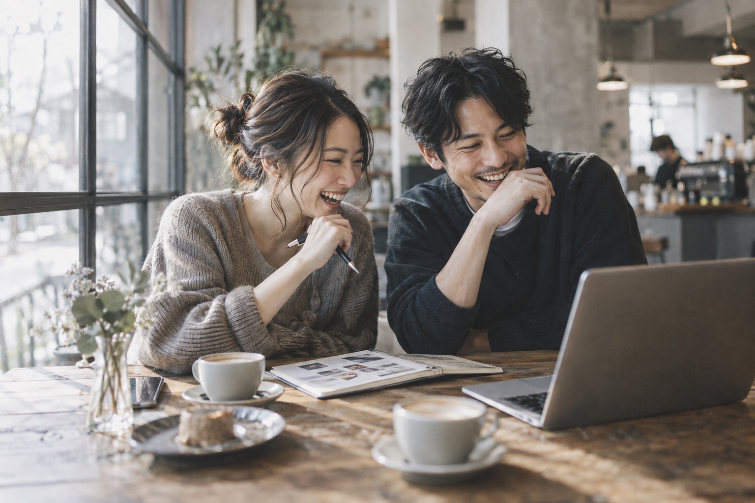 カフェで結婚準備をするふたり